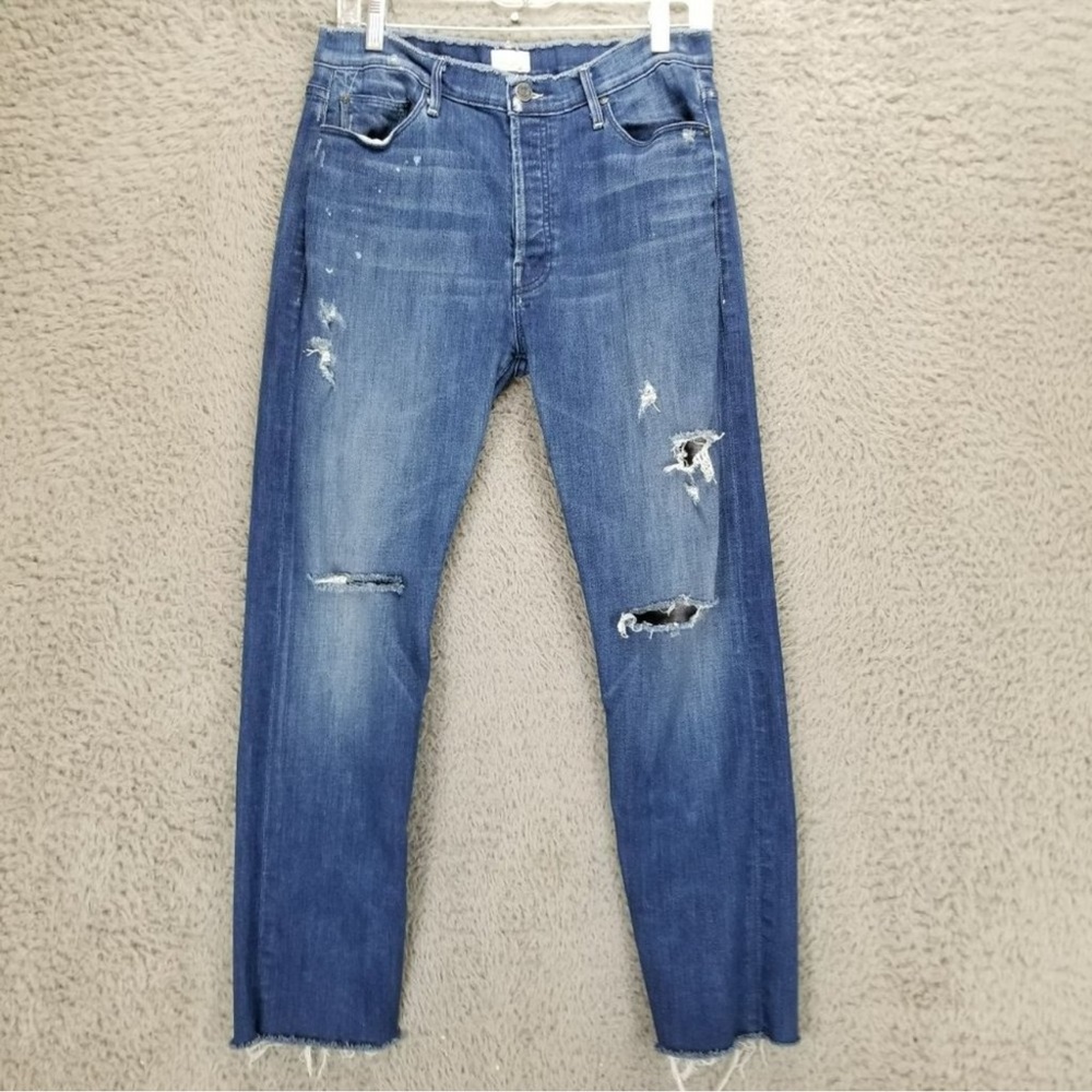 Mother Jeans Womens 27 Dark Wash Stretch Mid Rise Button Fly Distressed Vagabond